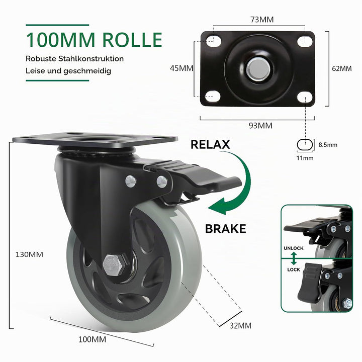 Möbelrollen mit Bremse 100MM Lenkrollen, 4 Stück Schwerlastrollen inkl. Montagezubehör, Transportrol