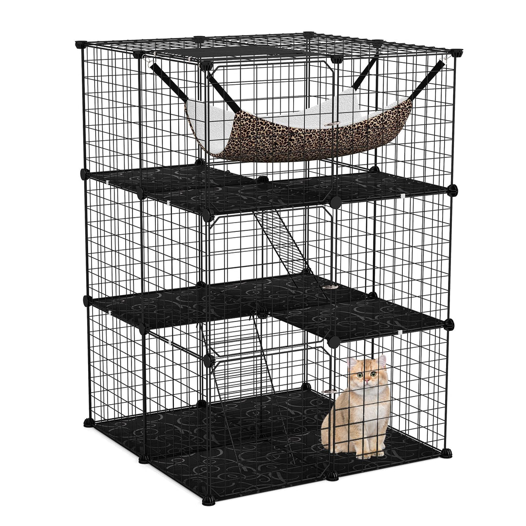 FANTASK Metalldrahtkäfig 3-stöckig, grosse Katzenkäfig mit Dachfenster, Hängematte, 2 Leitern &amp; 3 Tü