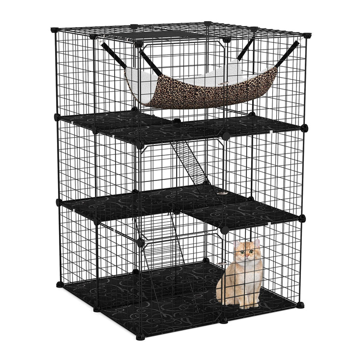 FANTASK Metalldrahtkäfig 3-stöckig, grosse Katzenkäfig mit Dachfenster, Hängematte, 2 Leitern &amp; 3 Tü
