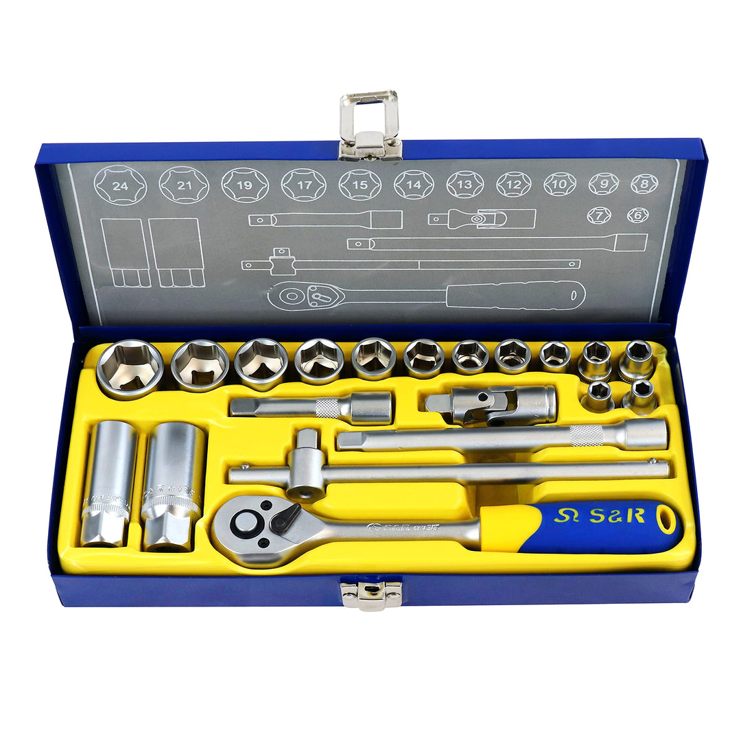 S&R Steckschlüsselsatz CHROM-VANADIUM 20-tlg, 3/8" Lock-Drive Profil, Metallbox, Stecknüsse für verr