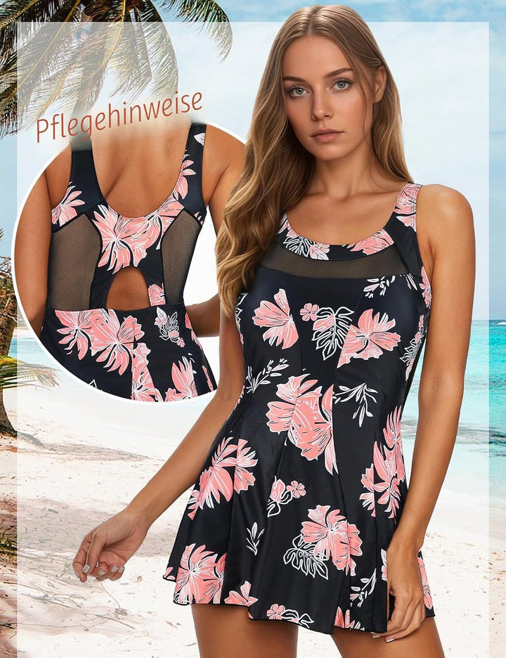 Durio Badekleid Damen Badeanzug Bauchweg Push Up Einteilig Netzstoff Rückenfrei Elegant Bademode mit