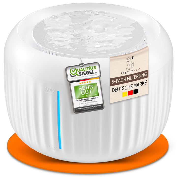 Pretty Paw Katzenbrunnen mit Leiser Pumpe, LED und Aktivkohlefilter, 2,5L Weis, Weis