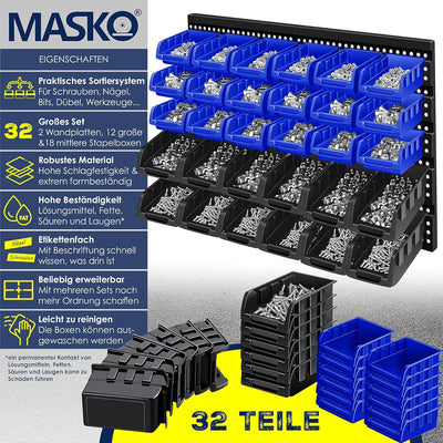 Masko® Stapelboxen + Wandregal 32tlg Set Box Sichtlagerkästen Schüttenregal Steckregal, Werkstatt, H