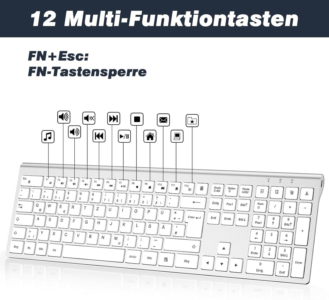 cimetech Tastatur Maus Set Kabellos, Ultra-Dünne Wiederaufladbare Kabellose Tastatur und Maus Ergono