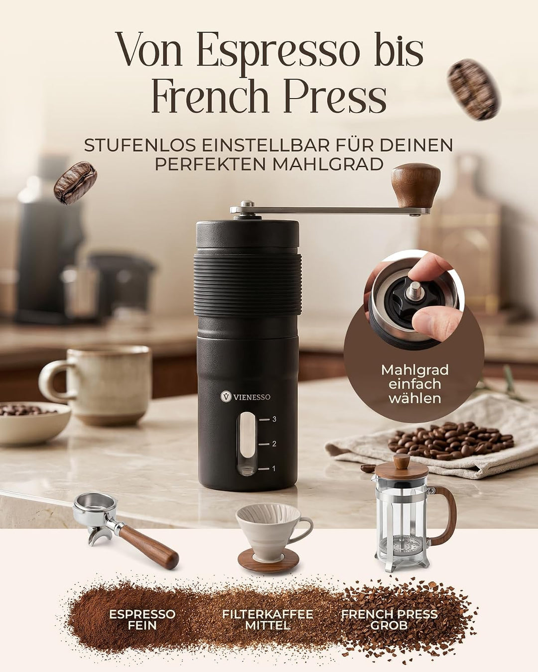 Kaffeemühle Manuell mit Keramikmahlwerk | Kompakte Handkaffeemühle mit stufenloser-Mahlgradeinstellu