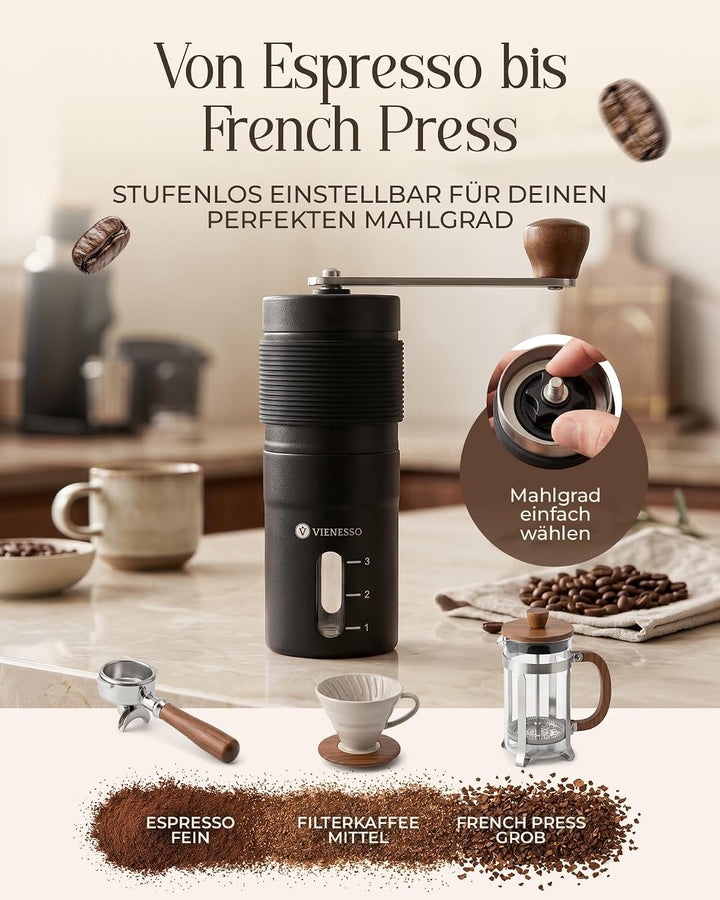 Kaffeemühle Manuell mit Keramikmahlwerk | Kompakte Handkaffeemühle mit stufenloser-Mahlgradeinstellu