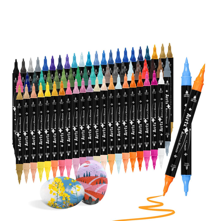 Arrtx 64 Acrylstifte für Steine wasserfest, Acrylmarker mit Pinselspitze und feiner Spitze, Steine B