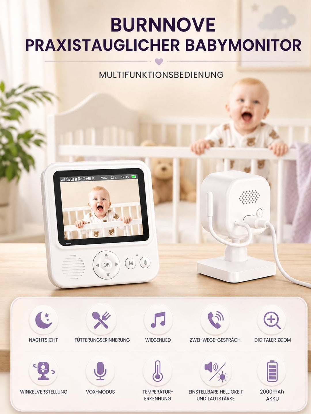 BURNNOVE Babyphone mit Kamera ohne WLAN, 2,8 Zoll IPS 720P, 96H VOX | Split Screen, Bewegungserkennu