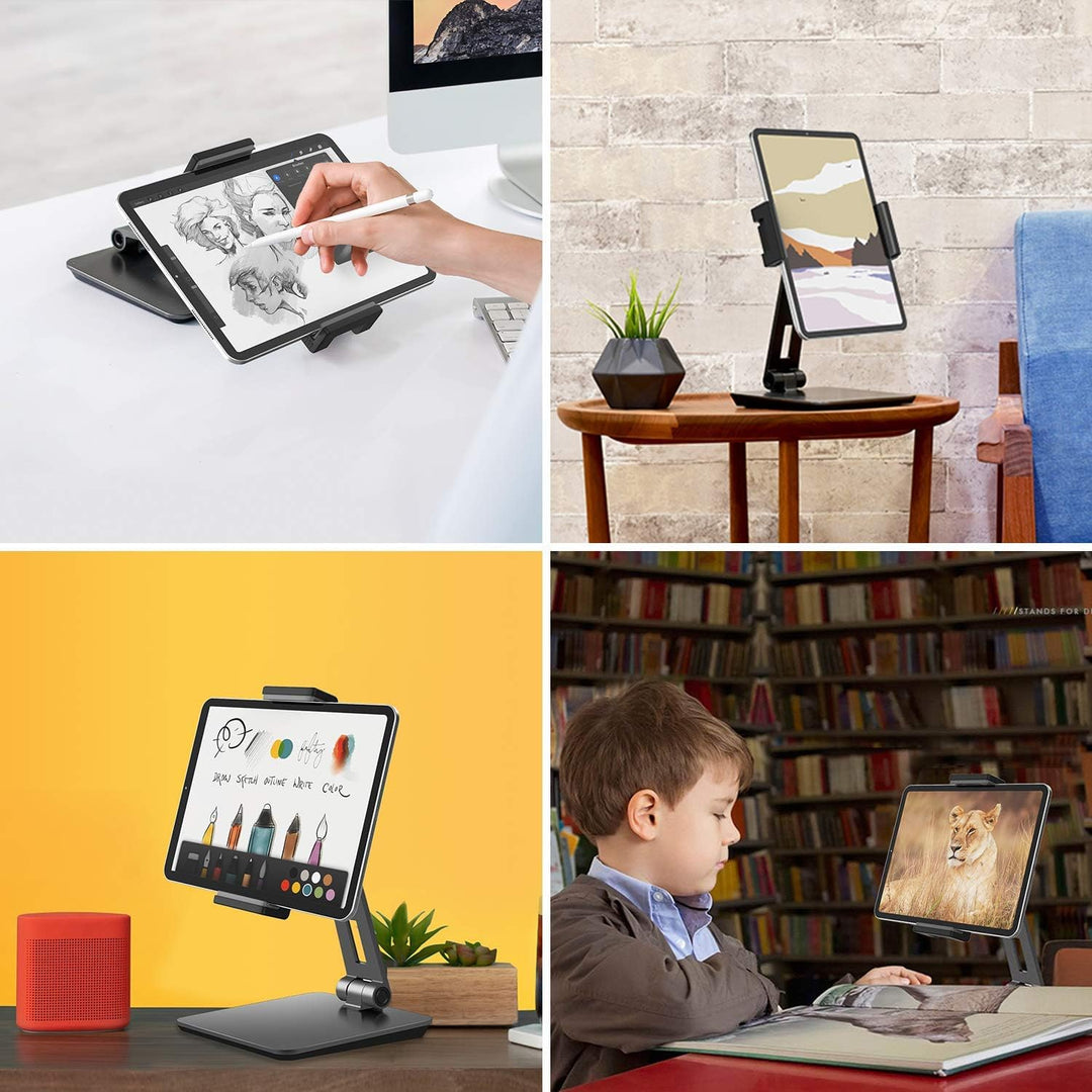 QinCoon Tablet Ständer, Verstellbar Heavy Duty Aluminium Halterung, 360° Drehen Faltbar Metall Table
