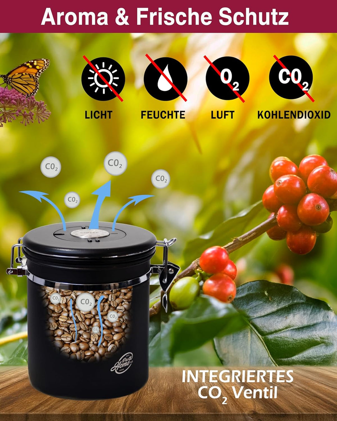 Kaffeedose luftdicht 500g - Schwarz - Kaffeebohnen Vorratsbehälter 1,5L aus Edelstahl mit Kalenderfu