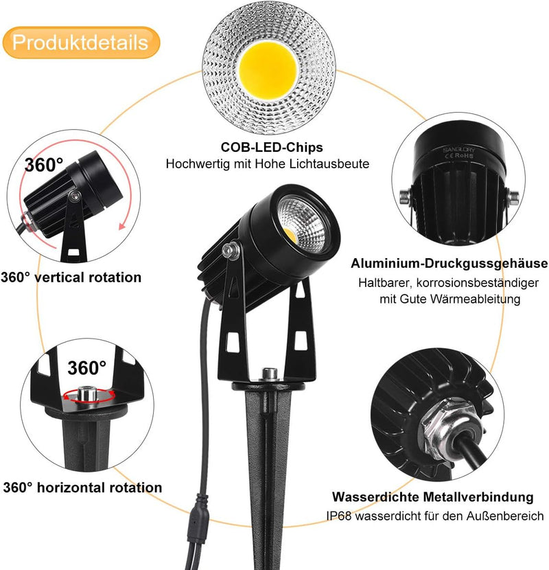 SanGlory 6 Stücke 3W Gartenleuchten LED COB Warmweiss, LED Gartenstrahler mit Stecker, IP65 Wasserdi