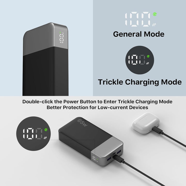 NOBIS Powerbank 20000mAh, 65W Schnellladung Power Bank, Tragbarer Ladegerät mit Digitalanzeige, Dual
