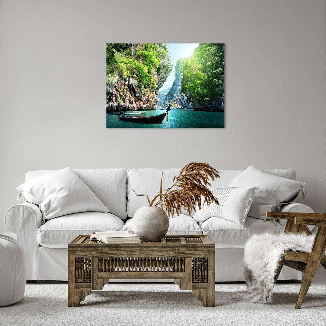 Bilder auf Leinwand Boot Klippen Natur Felsen Leinwandbild 70x50cm Wandbilder Dekoration Wohnzimmer