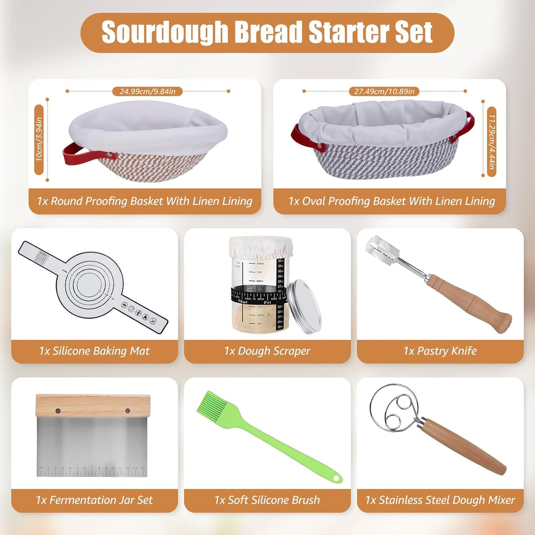 Sauerteig Starter Set 11-Teilig, 2 Gärkörbchen und Brot Backen Zubehör, Rund und Oval Brotkorb Zum B