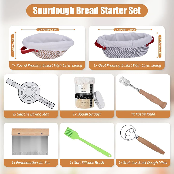 Sauerteig Starter Set 11-Teilig, 2 Gärkörbchen und Brot Backen Zubehör, Rund und Oval Brotkorb Zum B