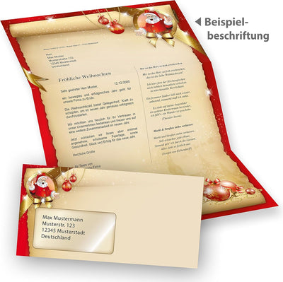 Briefpapier Weihnachten Set Santa Claus (25 Sets mit Fenster) DIN A4 Weihnachtsbriefpapier mit Umsch