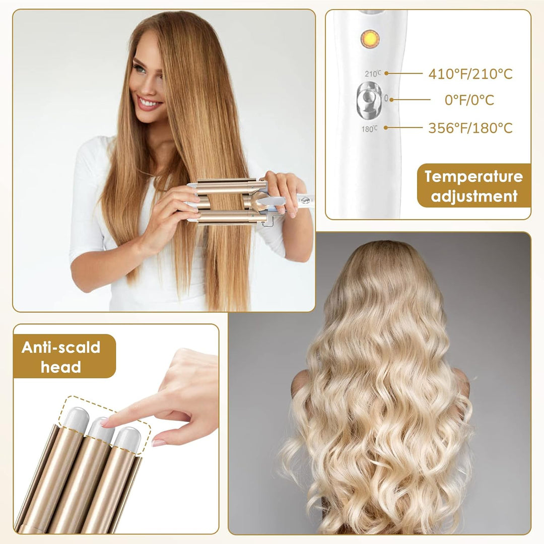 Lockenstab 3 Fässer Welleneisen,22mm Grosse Kreppeisen für Haare Beach Waves Lockenwickler,Turmalin