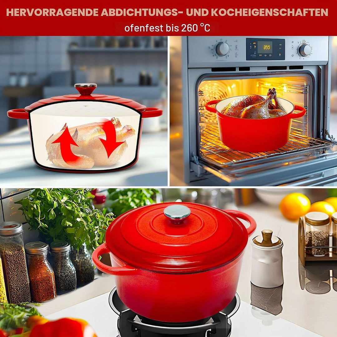 Gusseisen Topf 5L Ø 26cm - Emaillierter Schmortopf mit Deckel, Gusseisen Bräter für Brot backen &amp; Br