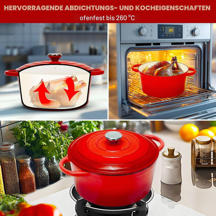 Gusseisen Topf 5L Ø 26cm - Emaillierter Schmortopf mit Deckel, Gusseisen Bräter für Brot backen &amp; Br