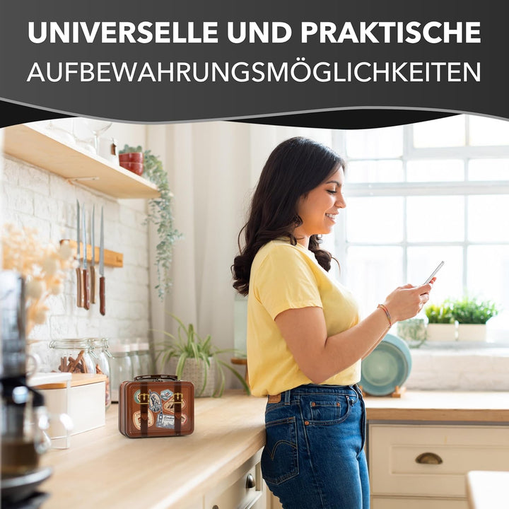Mini Koffer - Kleine Keksdose mit beweglichem Henkel und Stickern - lebensmittelecht - Vol. ca. 0,8L