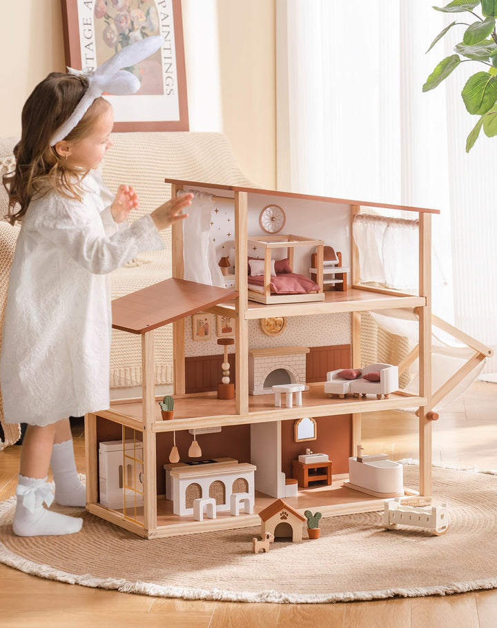 ROBUD Puppenhaus Holz, 3-Stöckiges Böhmischen Stil Puppenhaus mit 37 Zubehör & Möbel, Kinder Spielze