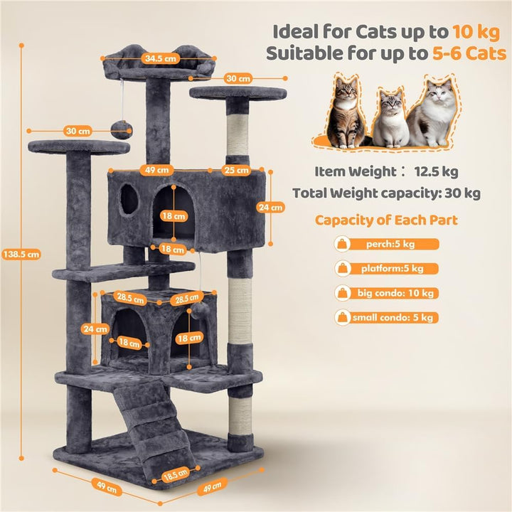 Yaheetech Kratzbaum Kletterbaum 139 cm hoch Katzenkratzbaum, Stabiler Katzenbaum mit 3 Plattformen,