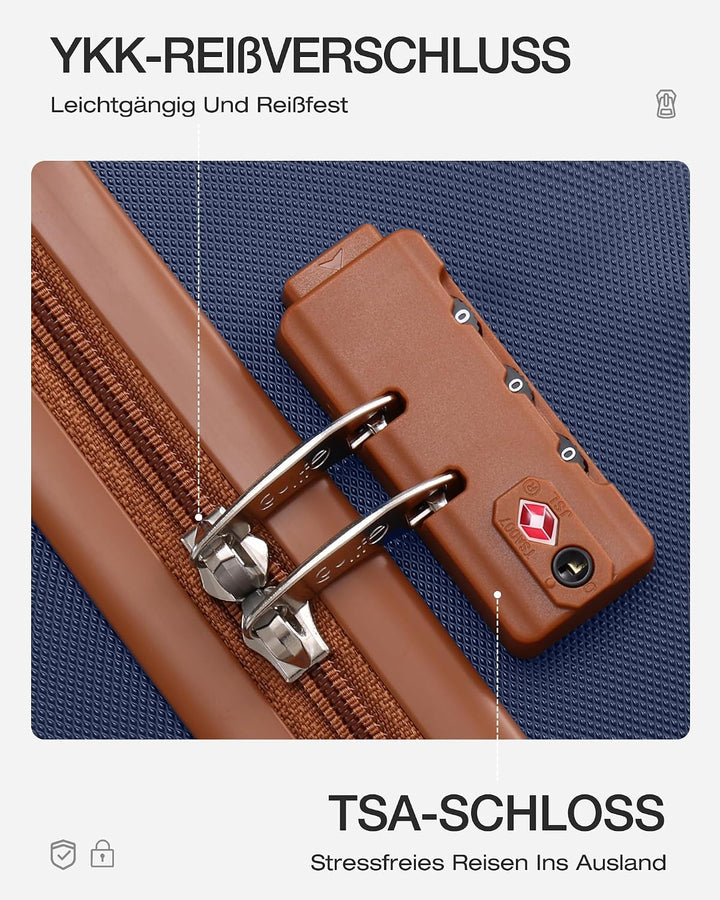 COOLIFE Hartschalen-Koffer Trolley Rollkoffer Reisekoffer mit TSA-Schloss und 4 Rollen (Blau/Braun,