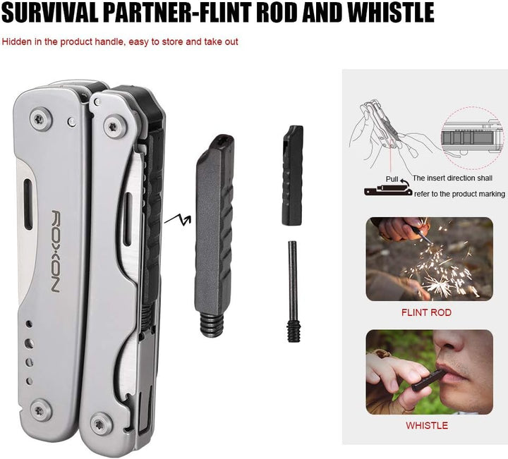 ROXON S803E Elite - Update D2 Messer Multitool Zange mit 20 Funktionen Survival EDC Tool mit Flint R