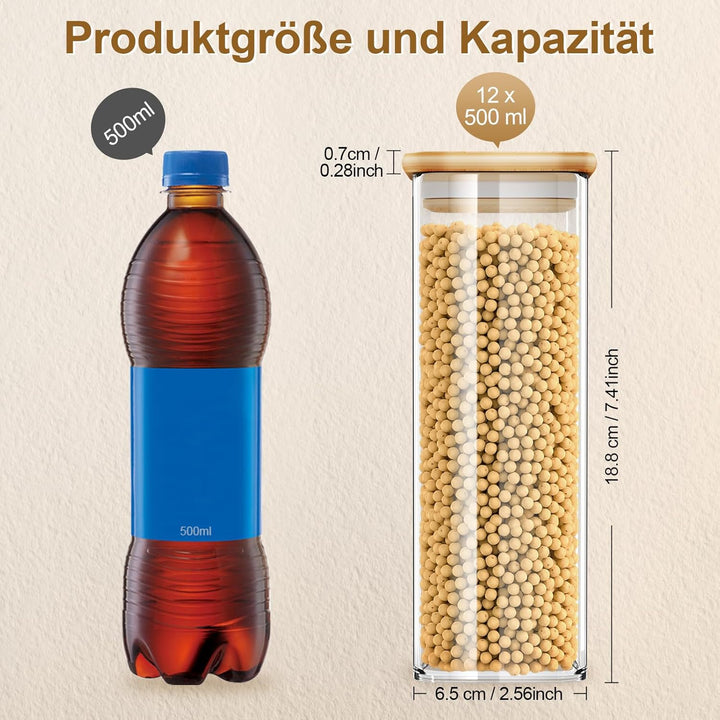 FINEW Gewürzgläser Set Eckig-12 x 500ml, Hochwertig Gewürzdosen Glasbehälter mit Bambusdeckel Stapel