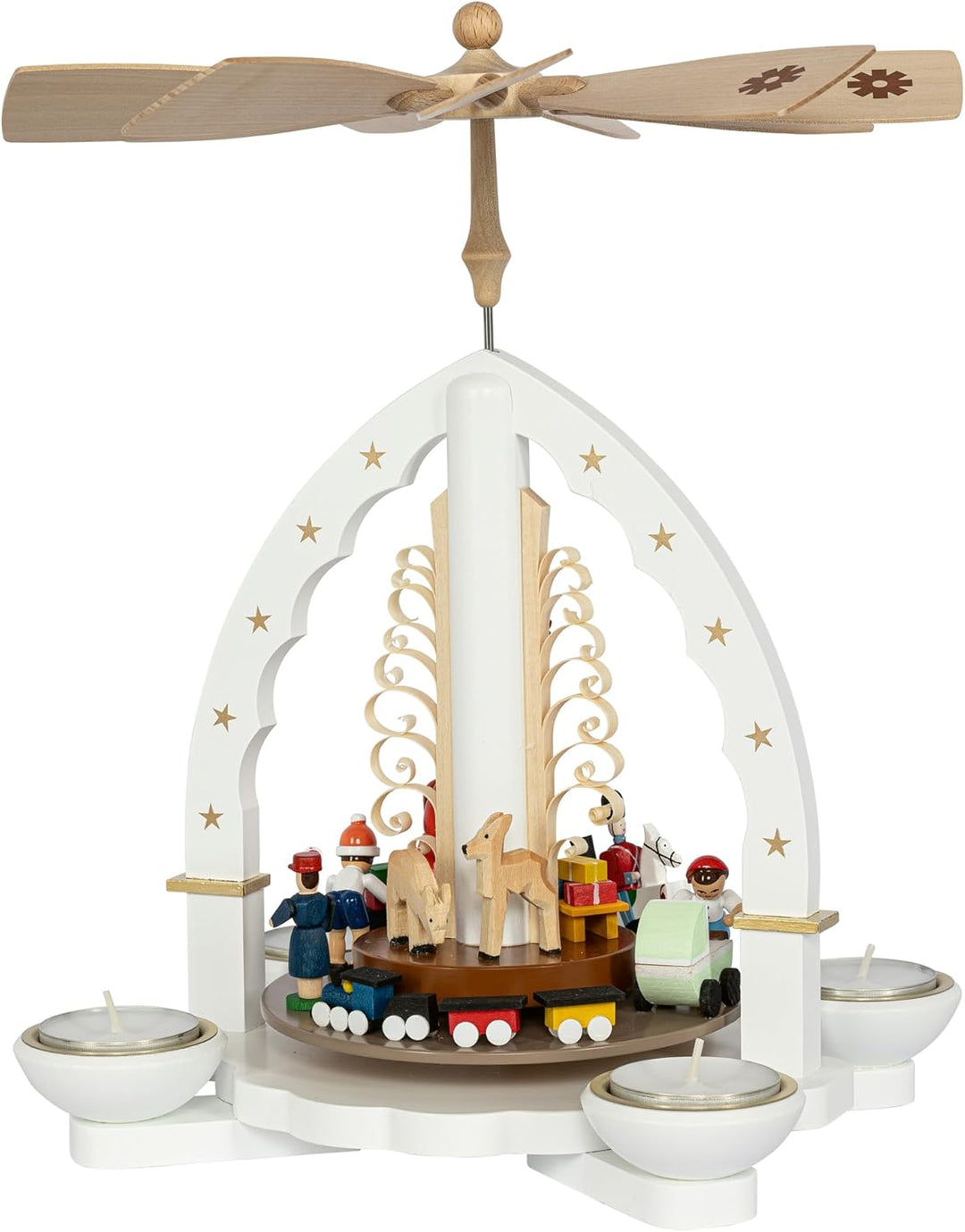 Richard Glaesser Pyramide Weihnachtsbescherung weiss für Teelicht und Kerzen aus Seiffen im Erzgebir