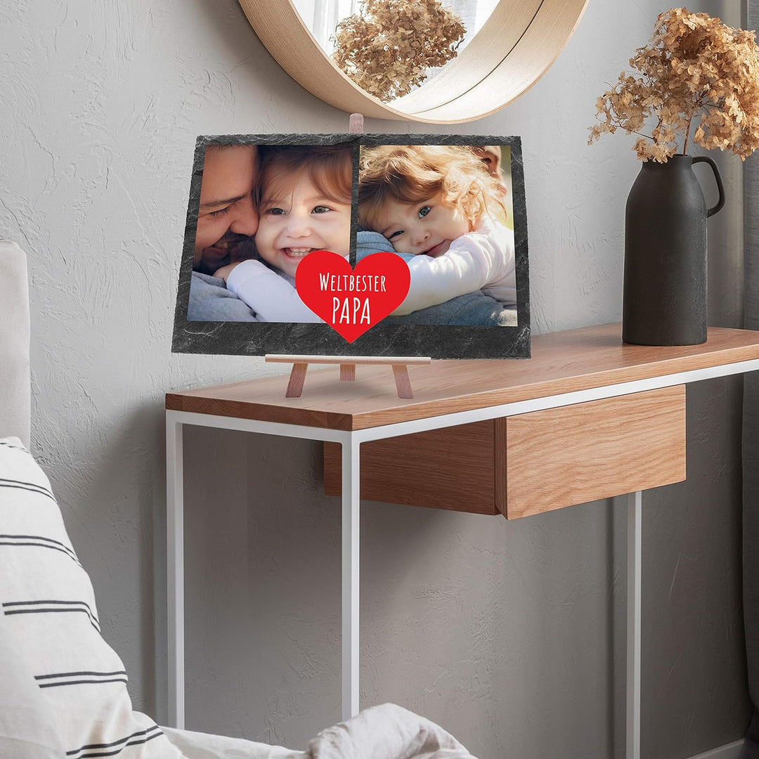 wandmotiv24 Schiefertafel Bester Papa, Personalisiert mit Ihren Farbfotos, Aufstellschild 2 Bilder i