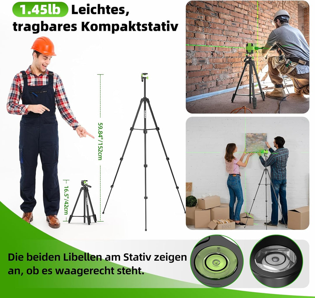 Huepar Kreuzlinienlaser mit 152 cm Stativ, 30 m Laser Wasserwaage Selbstnivellierendend, Linienlaser