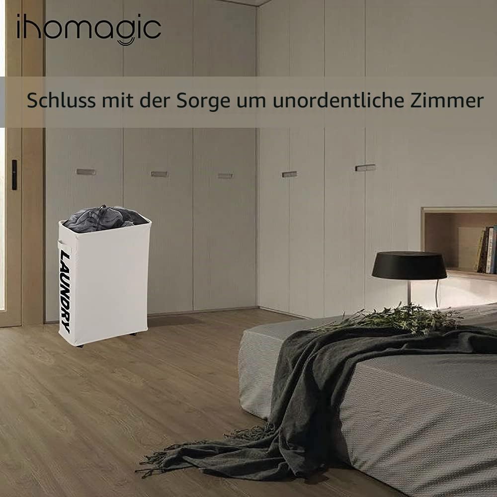 IHOMAGIC Wäschekorb mit Rädern, Faltbarer dünner Wäschesammler, Zusammenklappbarer Rechteckiger Wäsc