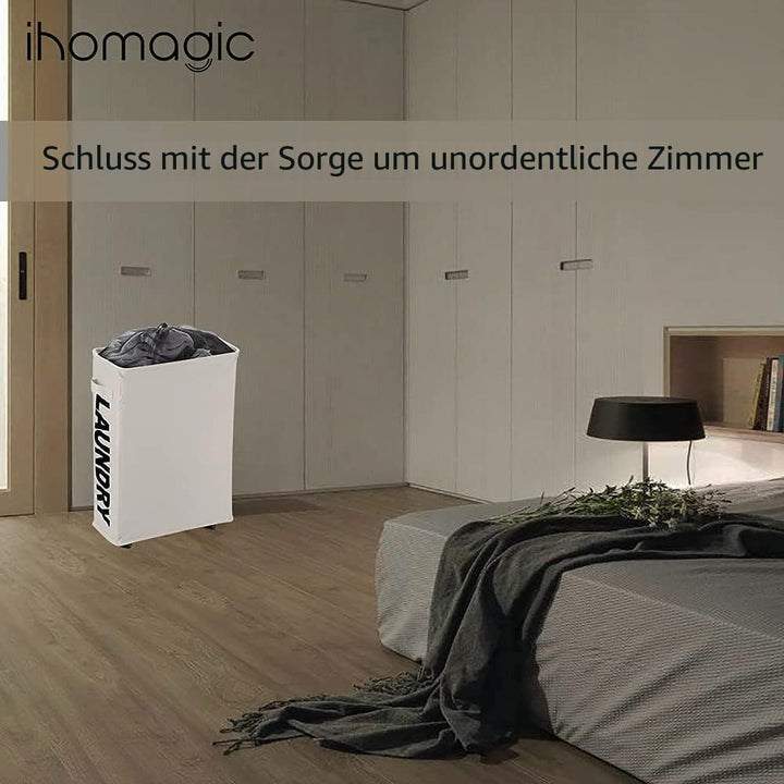 IHOMAGIC Wäschekorb mit Rädern, Faltbarer dünner Wäschesammler, Zusammenklappbarer Rechteckiger Wäsc