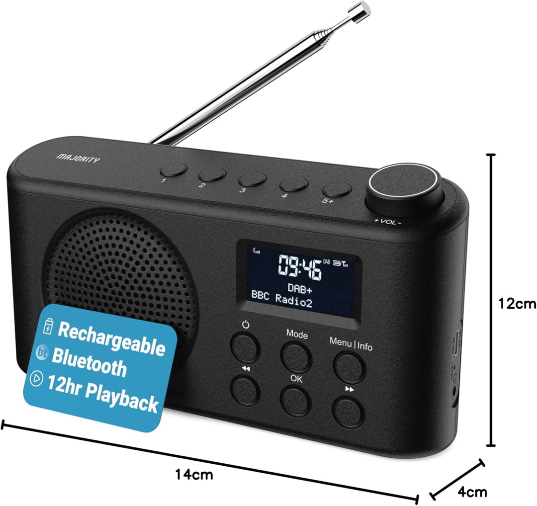 Tragbares Bluetooth DAB, DAB+ Radio | USB-C betrieben & wiederaufladbarer Akku | 12 Stunden Wiederga