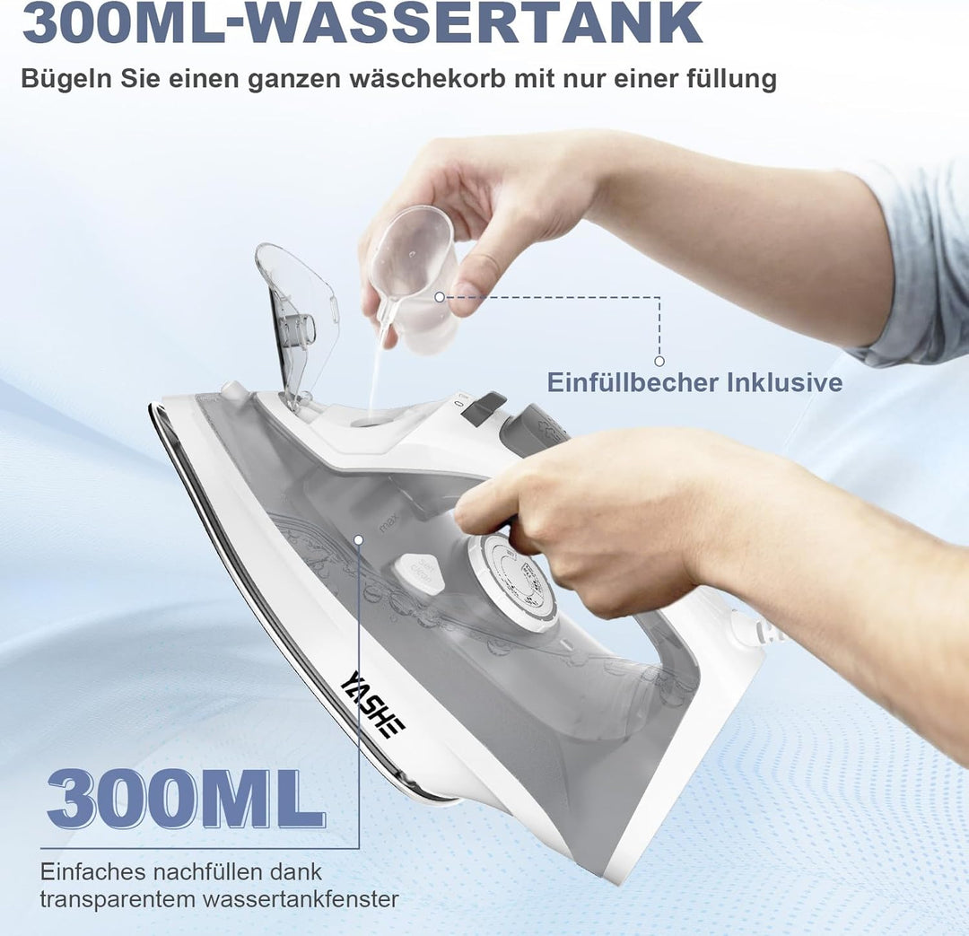 2300W Dampfbügeleisen mit Schnell Aufheizender Antihaft Bügelsohle, 300ml Wassertank, Konstante Damp
