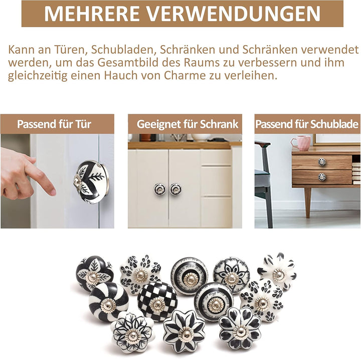 The Boho Street Handgefertigte Keramik-Mehrzweckknöpfe Keramik-Türgriffe im Set-Sortiment (12, Black