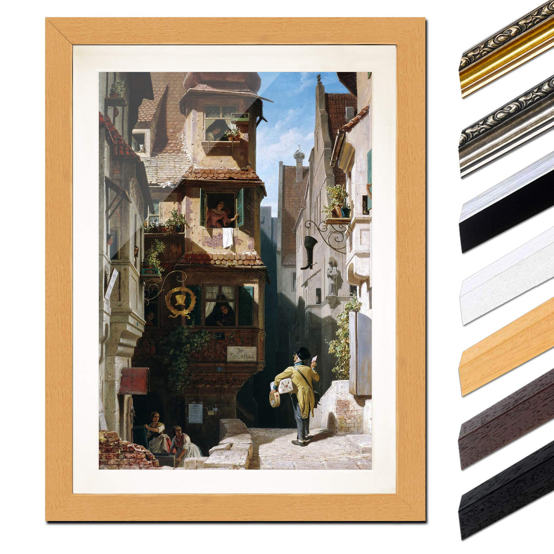 Bild mit Rahmen - Carl Spitzweg Der Briefbote im Rosenthal 30x40 cm ca. A3 - Gerahmter Kunstdruck in