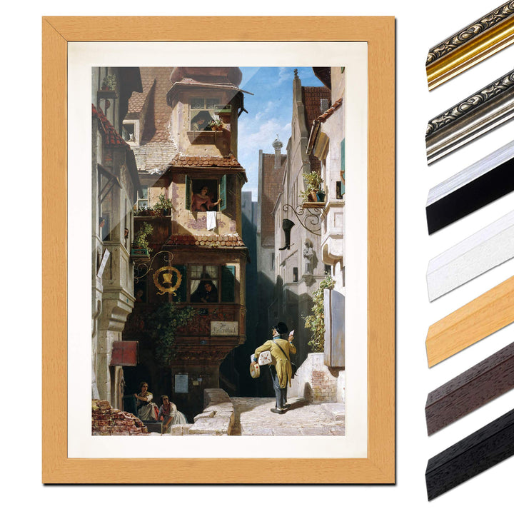 Bild mit Rahmen - Carl Spitzweg Der Briefbote im Rosenthal 30x40 cm ca. A3 - Gerahmter Kunstdruck in
