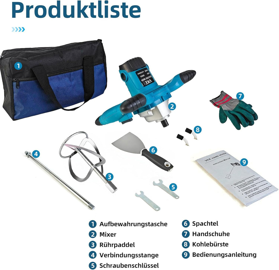 VKE Mörtelrührer, 2400W Rührwerk 6 Gang, Max. 1200 r/min Betonrührer mit Festdrehzahlknopf, Elektris