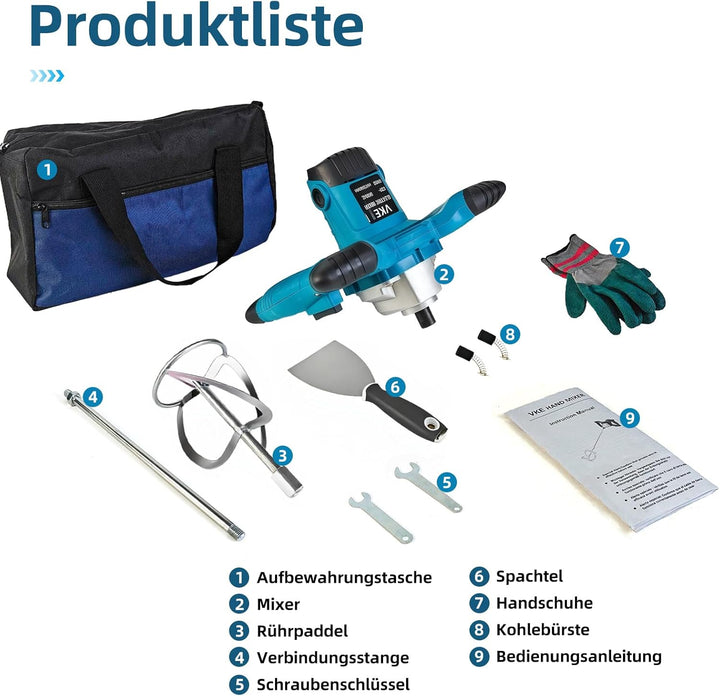 VKE Mörtelrührer, 2400W Rührwerk 6 Gang, Max. 1200 r/min Betonrührer mit Festdrehzahlknopf, Elektris