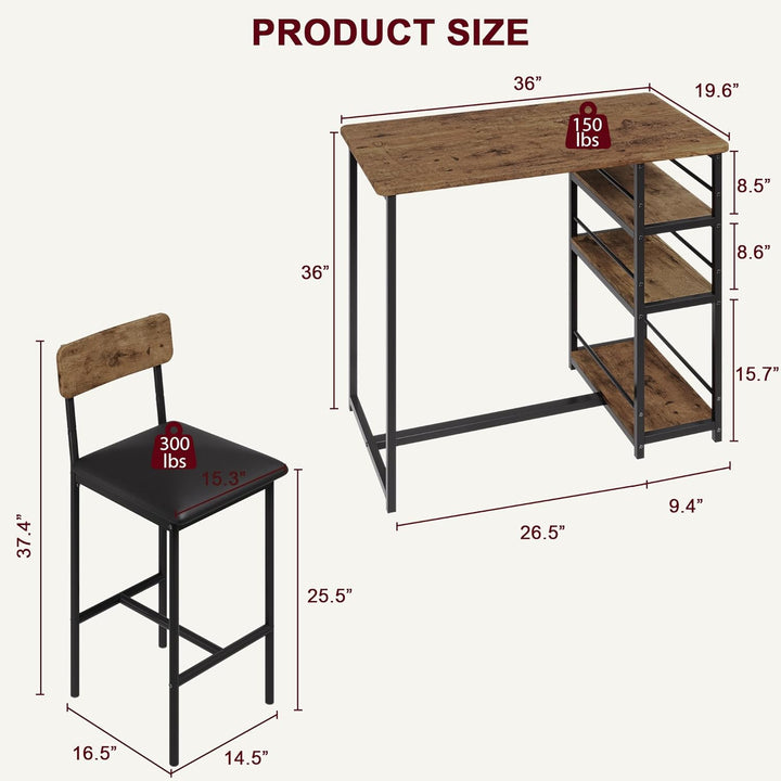 Bartisch mit Barhocker Set, Barhocker 3er Set für 2 Personen mit 1 Tisch + 2 Gepolsterte Stühle, Rüc