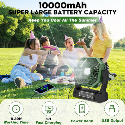 Camping Ventilator mit LED-Licht, Wiederaufladbarer Camping Fan mit Haken & Fernbedienung, 4 Geschwi