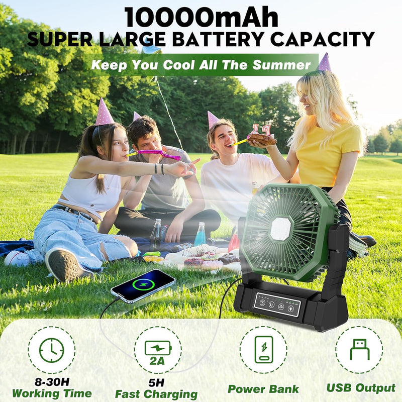 Camping Ventilator mit LED-Licht, Wiederaufladbarer Camping Fan mit Haken & Fernbedienung, 4 Geschwi