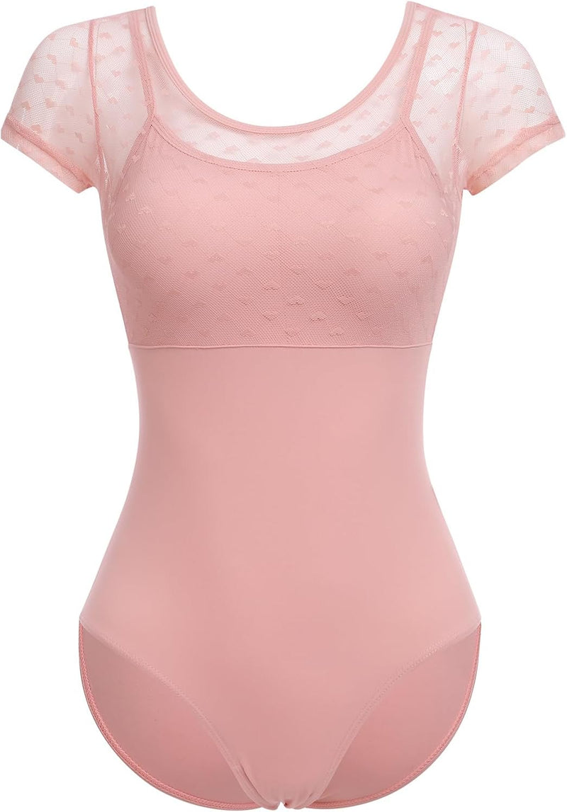 FYMNSI Damen Ballettanzug Gepolstert Ballettbody Tanz Body Gymnastikanzug Trikot Kurzarm Bodysuit XL