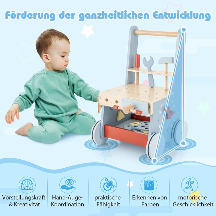 COSTWAY Lauflernwagen Holz, Baby Lauflernhilfe mit Multi-Aktivitätszentrum, Kinder Werkbank Spieltis