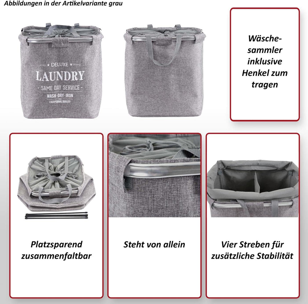 Wäschesammler HWC-C34, Laundry Wäschekorb Wäschebehälter mit Kordelzug, 2 Fächer Henkel 54x52x32cm 8