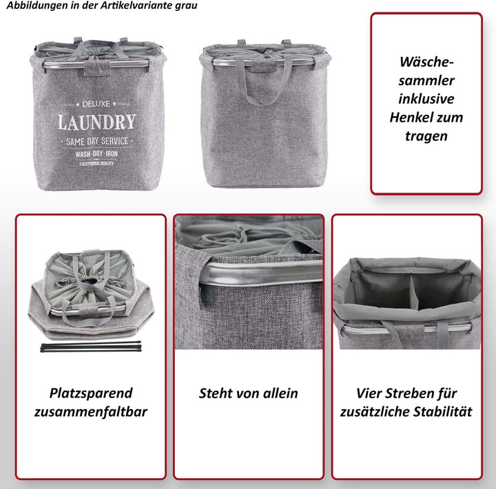 Wäschesammler HWC-C34, Laundry Wäschekorb Wäschebehälter mit Kordelzug, 2 Fächer Henkel 54x52x32cm 8