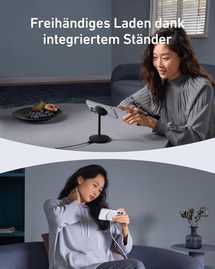 Anker MagGo kabellose Ladestation, 15W Qi2 für MagSafe, Ständer mit USB-C Kabel, Magnetisches Ladege