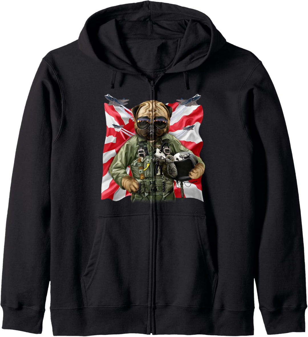 Mops als Kampfpilot mit japanischer Flagge Kapuzenjacke